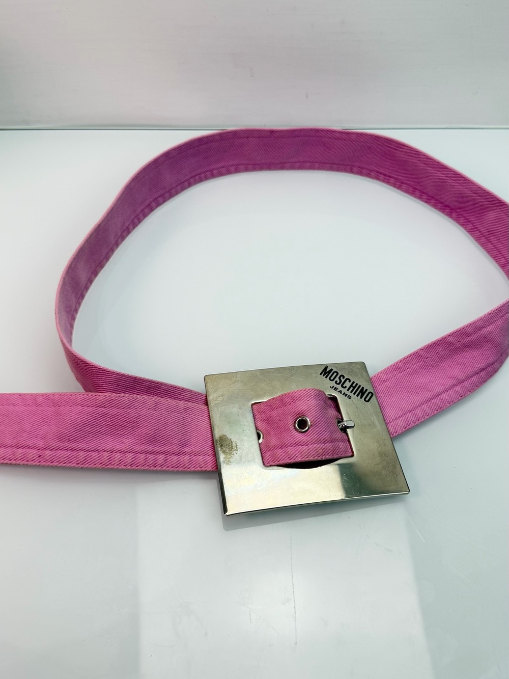 Vintage Moschino Jeans Pink Denim Belt Oversized Square Logo Buckle Y2K